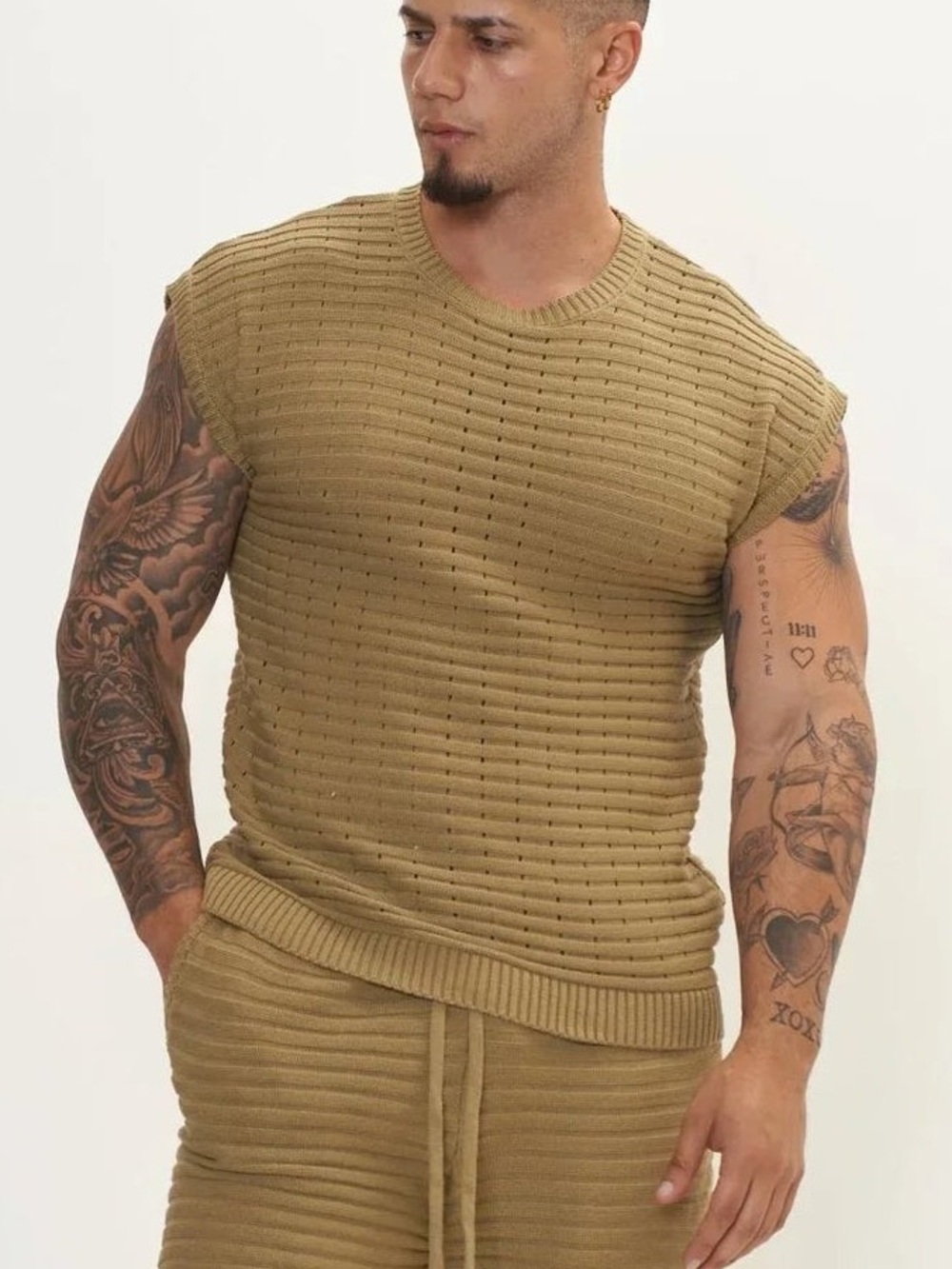 RNT23 Ron Tomson  Men’s Eyelet short sleeve Knit Top Olive Green